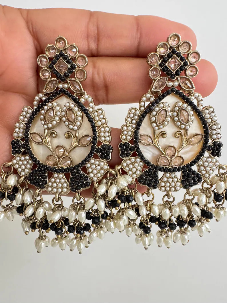 Antique Polki Kundan chandbali Indian Pakistani Earrings, Antique Long Earring With dull Gold Plating, Indian Pakistani wedding collection