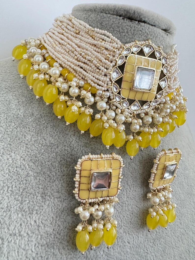 Yellow Meenakari Pearl Kundan Choker Necklace/Traditional Ethnic Jewelry/Kundan Jewelry Set/Indian Pakistani wedding Jewelry