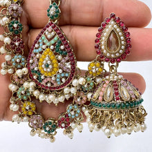 Navratan Antique polki Kundan bahubali Earrings Set with kaan chain, Sahara Indian Bridal Handmade Pearl Jewelry, Bollywood Bridesmaid Gifts