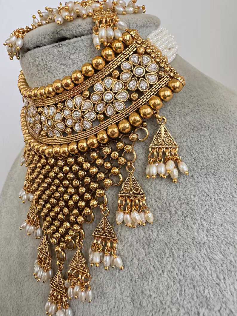 White Gold Polki Necklace, Indian Jewelry, indian wedding necklace, bridal jewelry, Punjabi Pakistani south Indian necklace