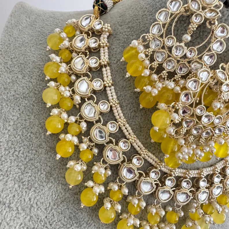 Yellow Pearl Kundan Necklace, Kundan choker set, Indian Jewelry,Wedding Jewelry, Pakistani Jewelry, bridesmaid necklace,