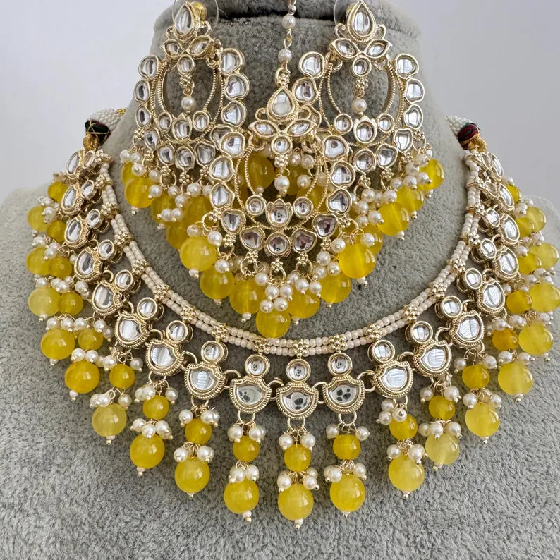 Yellow Pearl Kundan Necklace, Kundan choker set, Indian Jewelry,Wedding Jewelry, Pakistani Jewelry, bridesmaid necklace,