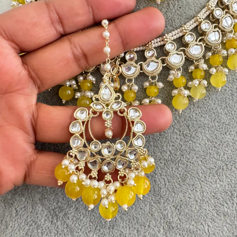 Yellow Pearl Kundan Necklace, Kundan choker set, Indian Jewelry,Wedding Jewelry, Pakistani Jewelry, bridesmaid necklace,