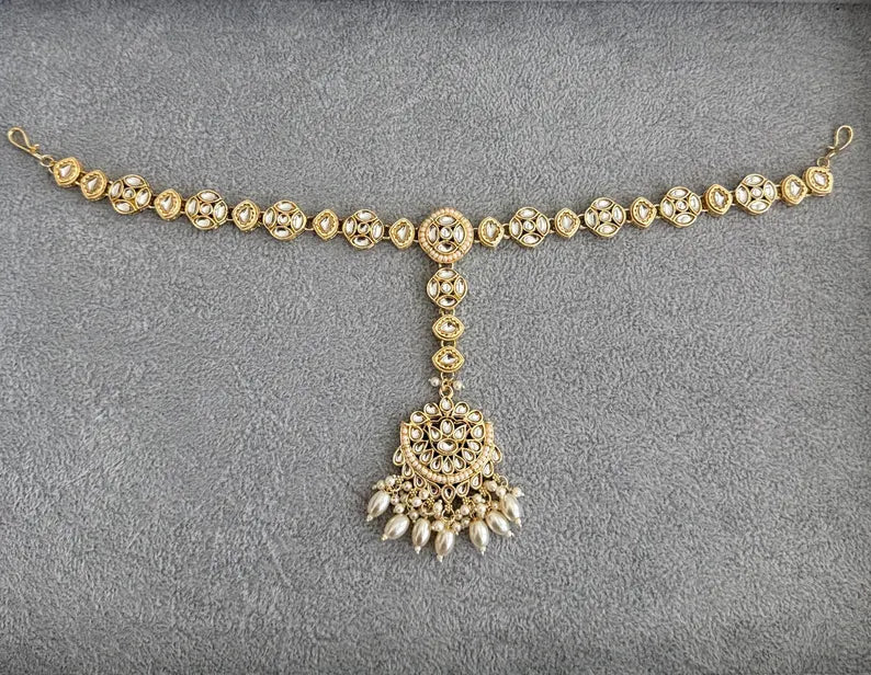 White gold Kundan Head Band/Sheesh Phool tikka/Indian Bridal Matha Patti/Sheesh patti/Matha phool /Pakistani/ 11 Inches