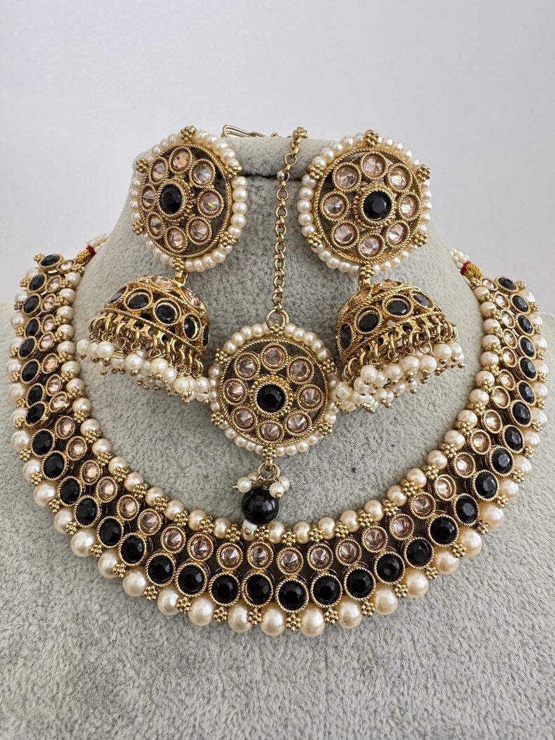 Black Antique Polki Kundan Pearl Necklace with earrings and tikka, bridal necklace, Indian Pakistani Wedding Jewelry