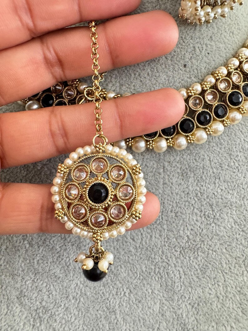 Black Antique Polki Kundan Pearl Necklace with earrings and tikka, bridal necklace, Indian Pakistani Wedding Jewelry