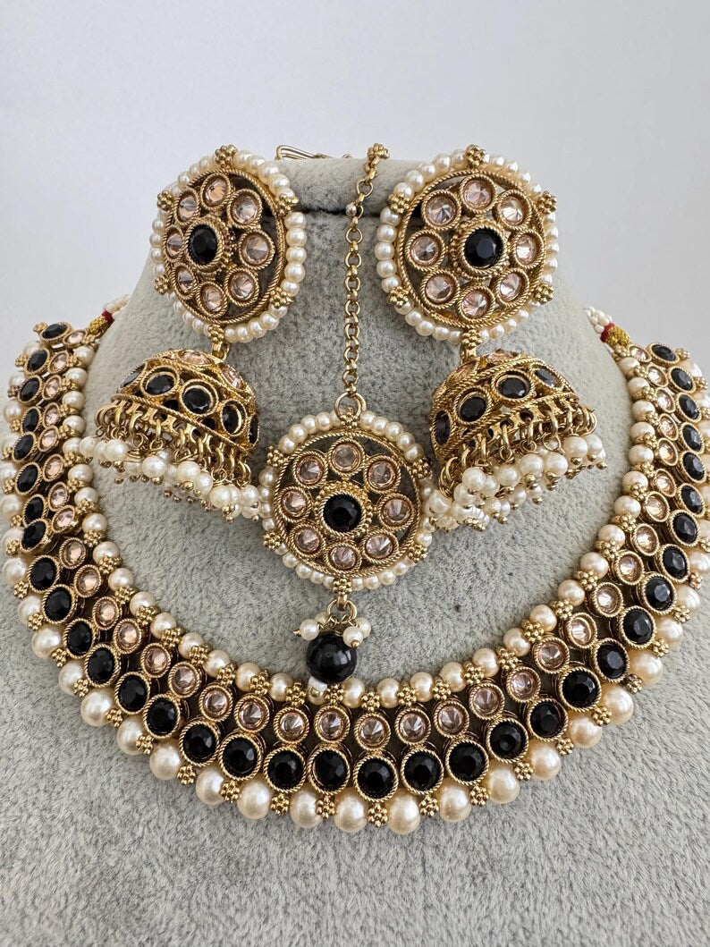 Black Antique Polki Kundan Pearl Necklace with earrings and tikka, bridal necklace, Indian Pakistani Wedding Jewelry
