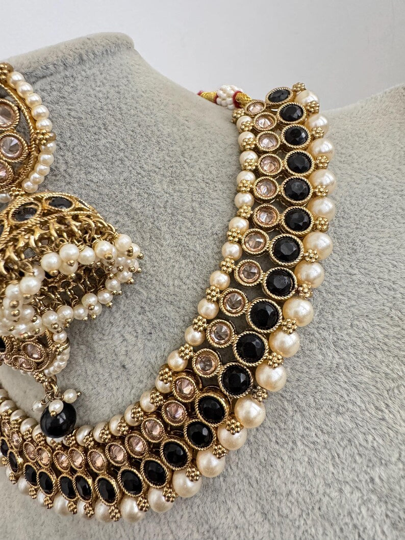 Black Antique Polki Kundan Pearl Necklace with earrings and tikka, bridal necklace, Indian Pakistani Wedding Jewelry