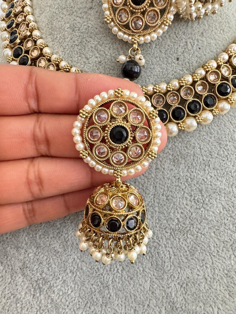 Black Antique Polki Kundan Pearl Necklace with earrings and tikka, bridal necklace, Indian Pakistani Wedding Jewelry