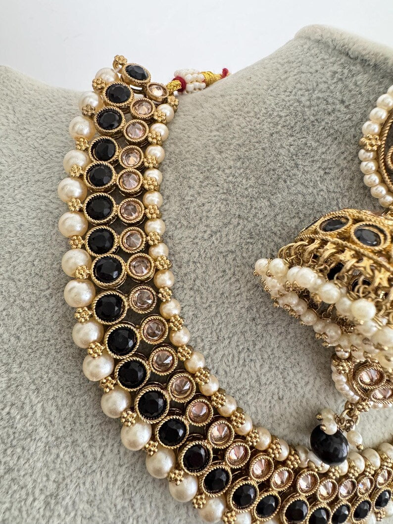 Black Antique Polki Kundan Pearl Necklace with earrings and tikka, bridal necklace, Indian Pakistani Wedding Jewelry
