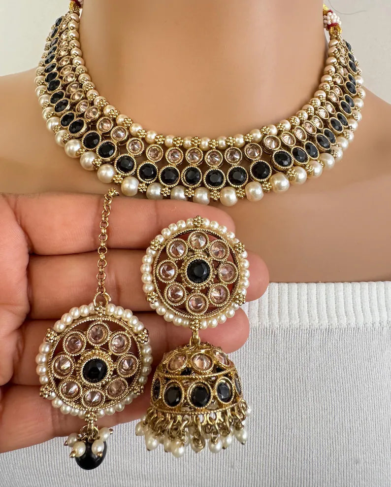 Black Antique Polki Kundan Pearl Necklace with earrings and tikka, bridal necklace, Indian Pakistani Wedding Jewelry