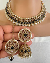 Black Antique Polki Kundan Pearl Necklace with earrings and tikka, bridal necklace, Indian Pakistani Wedding Jewelry