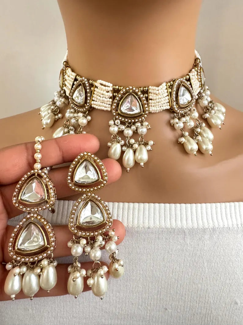 White Antique Uncut Kundan Necklace Set/Kundan Choker/Bollywood Jewelry/ Indian jewelry/ Pakistani necklace/ punjabi necklace indian wedding