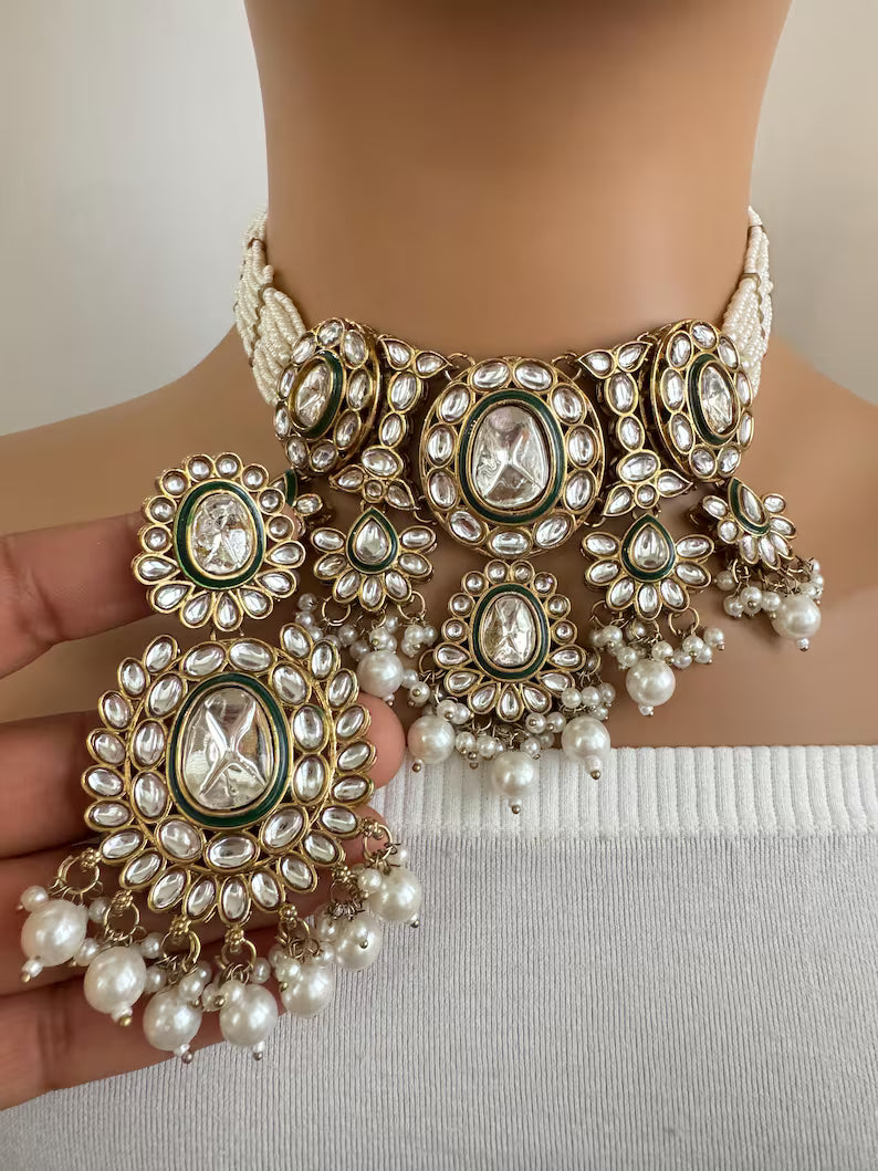 White pearl Kundan choker necklace, Kundan Choker Necklace Indian pakistani jewelry for wedding, Bridemaid jewelry, Indian Pakistani jewelry