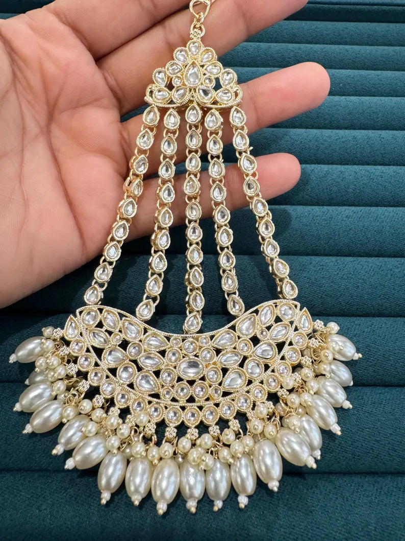 White gold Kundan Pearl Passa, Jhoomer, Side tikka Indian Punjabi Pakistani wedding jewelry, jewelry, Hair accesories