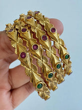 Set of 4 Ruby Green Gold Plated Bangles/Gold Bangles/Indian Bangles/Kemp stone bangles/Indian wedding/bridal jewelry/south Indian bangles