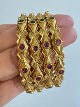 Set of 4 Ruby Green Gold Plated Bangles/Gold Bangles/Indian Bangles/Kemp stone bangles/Indian wedding/bridal jewelry/south Indian bangles