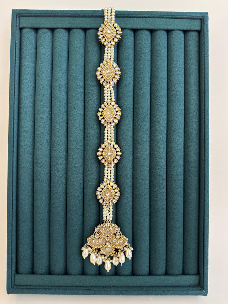 Antique Dull Gold MOP Kundan Choti /Braid Choti /Indian Bridal Choti/Kundan Hair accessories/Indian Wedding/Bridal Kundan Hair accessories