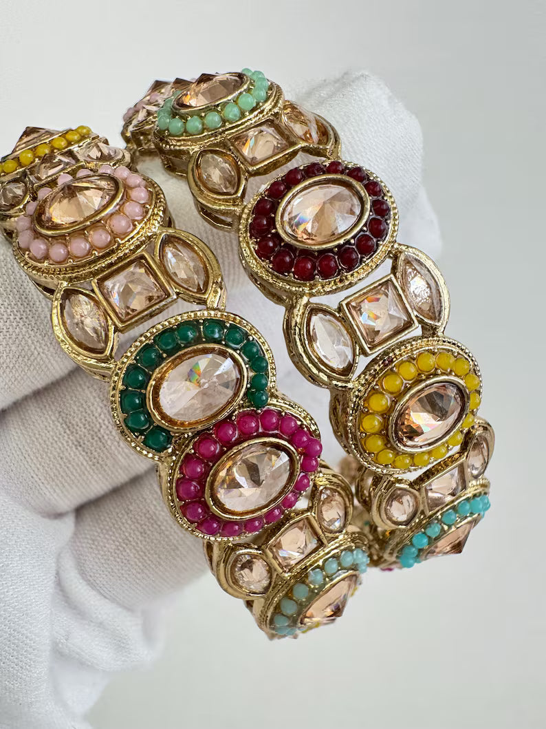 A Pair of Polki Pearl Kundan antique dull gold finish Bangles Pair /Punjabi bangles/Bridal bangles/Indian wedding jewelry/Pakistani/Kada