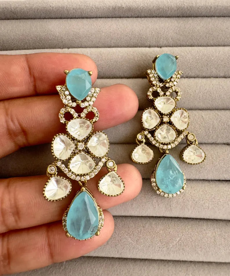 Blue Doublet Moissanite Kundan Sabhyasachi Sattement Earrings/Indian Jewelry/Pakistani Jewelry/Bollywood Jewelry/Statement earrings/Gift