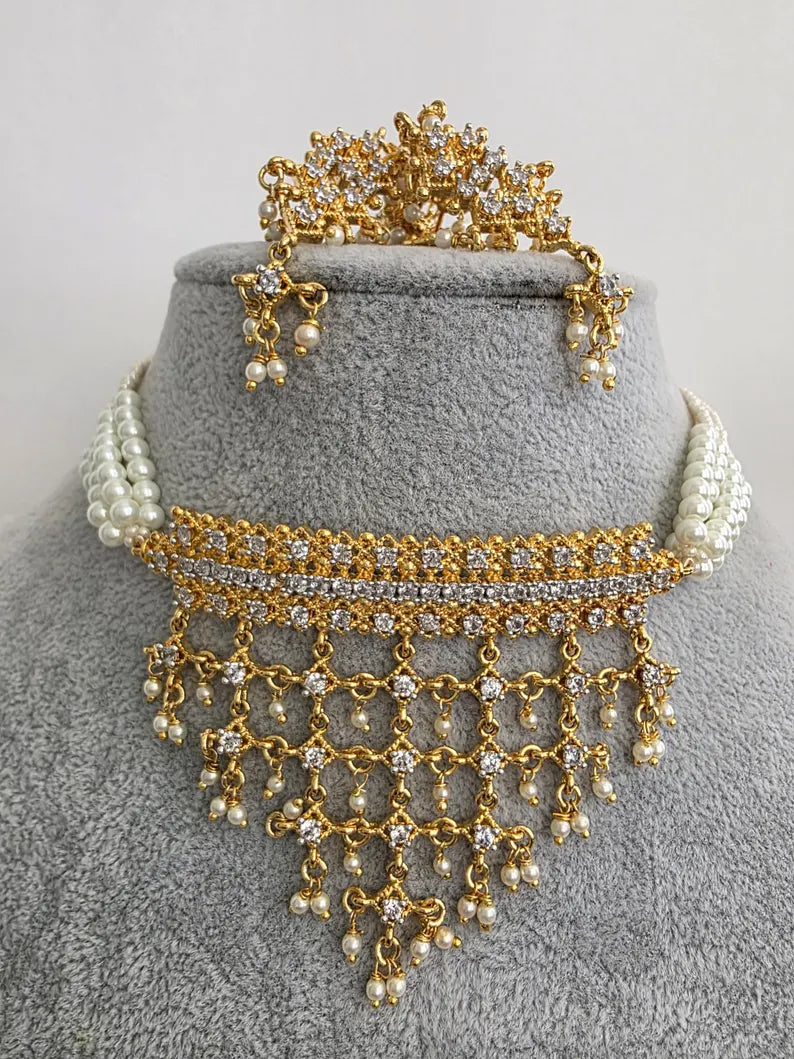 White Gold CZ Diamond Pearl Choker Necklace, indian wedding necklace, bridal jewelry, Punjabi Pakistani South Indian necklace