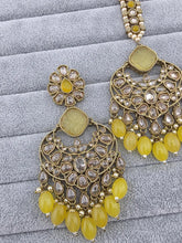 YELLOW Antique polki Kundan Tikka w/Earring Set Indian Bridal Maang Tikka Teeka Tika Headpiece Handmade Pearl Jewelry, Bridesmaid Gifts