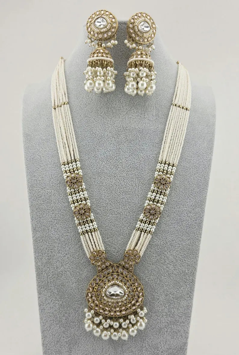 White Antique Polki Reverse AD Kundan long necklace/Kundan long Necklace/Indian Long Necklace/Pearl Polki mala set/Indian jewelry/bridal