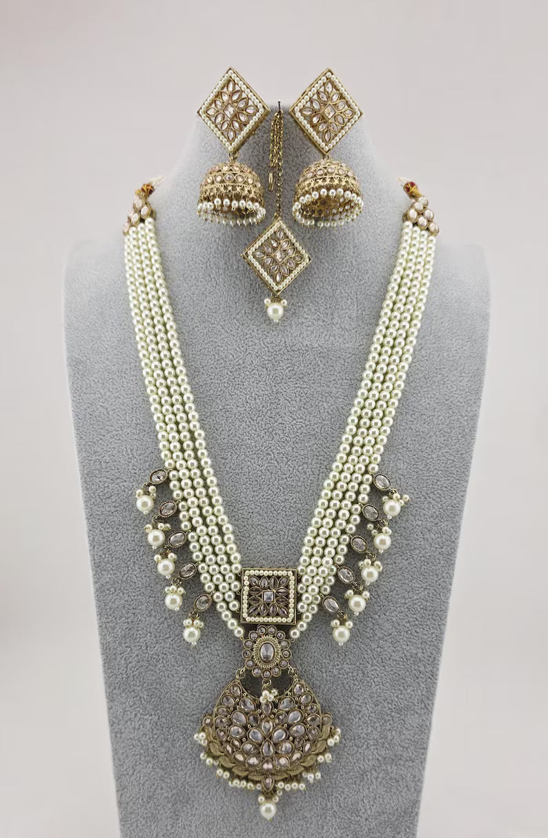 White Pearl Antique Polki Necklace/Indian Long Necklace/Pakistani Jewelry/Necklace Mala/Indian Punjabi Jewelry/Indian Wedding/Rani Haar