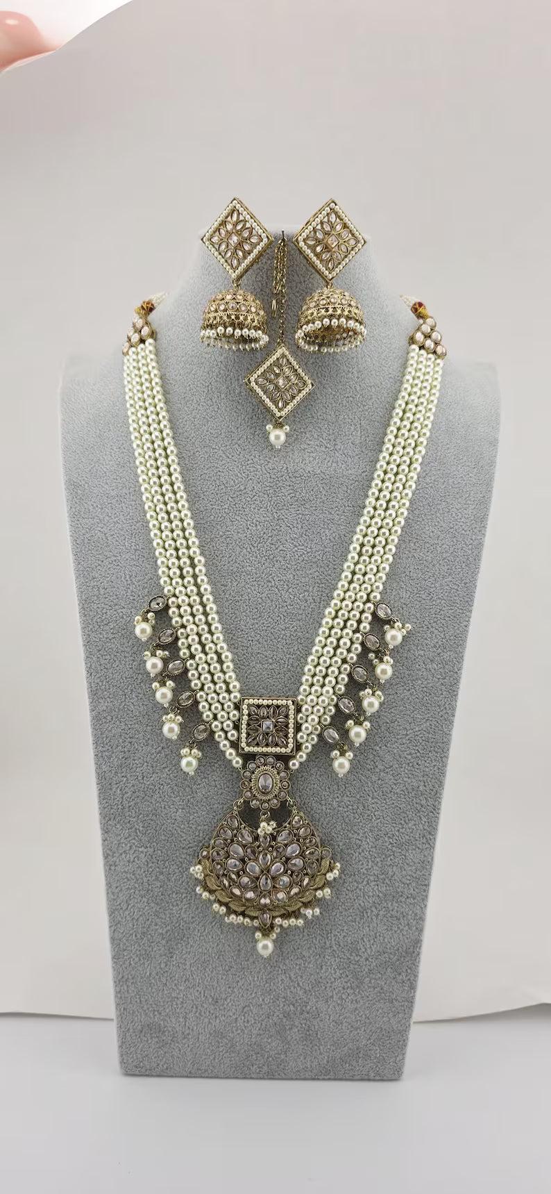 White Pearl Antique Polki Necklace/Indian Long Necklace/Pakistani Jewelry/Necklace Mala/Indian Punjabi Jewelry/Indian Wedding/Rani Haar