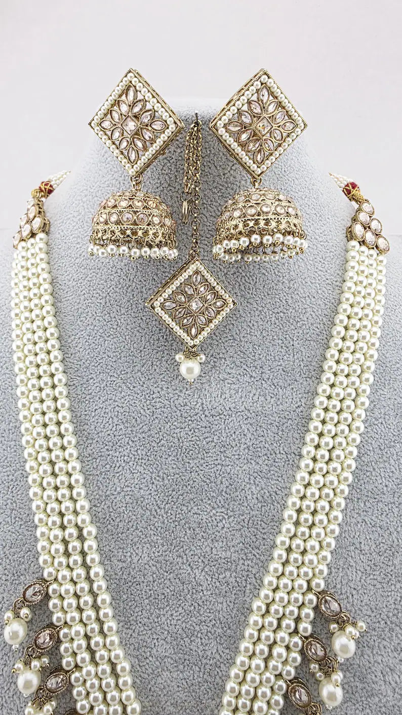White Pearl Antique Polki Necklace/Indian Long Necklace/Pakistani Jewelry/Necklace Mala/Indian Punjabi Jewelry/Indian Wedding/Rani Haar