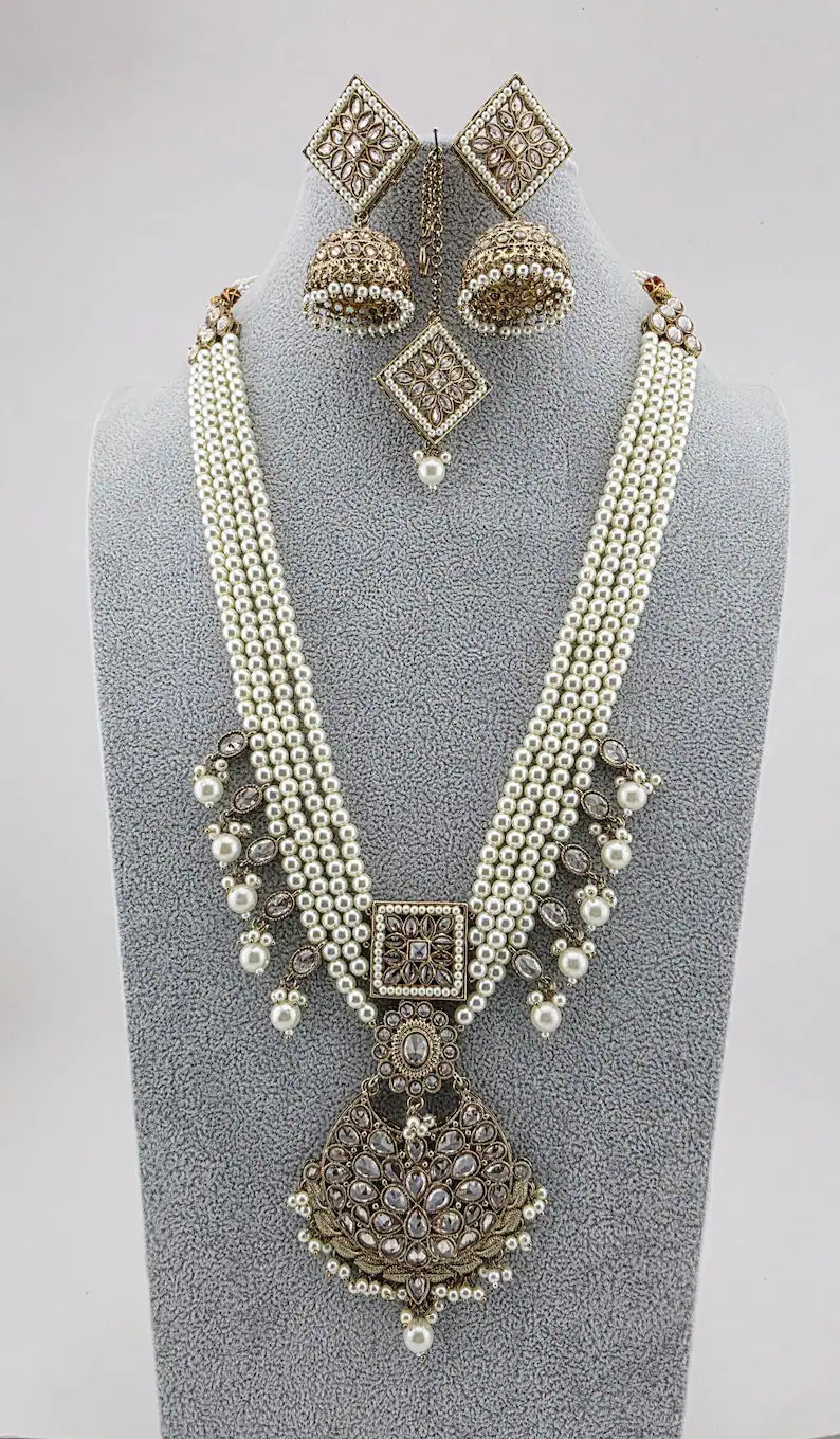 White Pearl Antique Polki Necklace/Indian Long Necklace/Pakistani Jewelry/Necklace Mala/Indian Punjabi Jewelry/Indian Wedding/Rani Haar