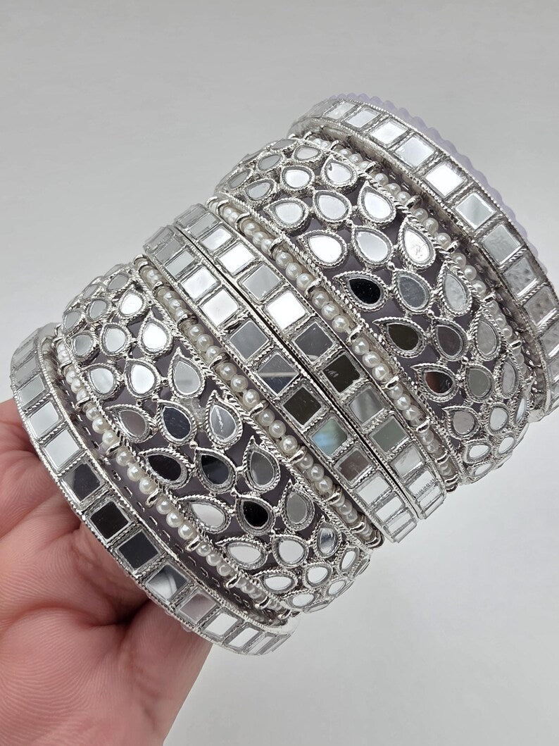 Bollywood Silver Mirror Pearl Bangles Set/Punjabi Mirror chuda bangles set/Bridal bangles/Statement bangles/Indian Wedding /Chuda Set 6pcs
