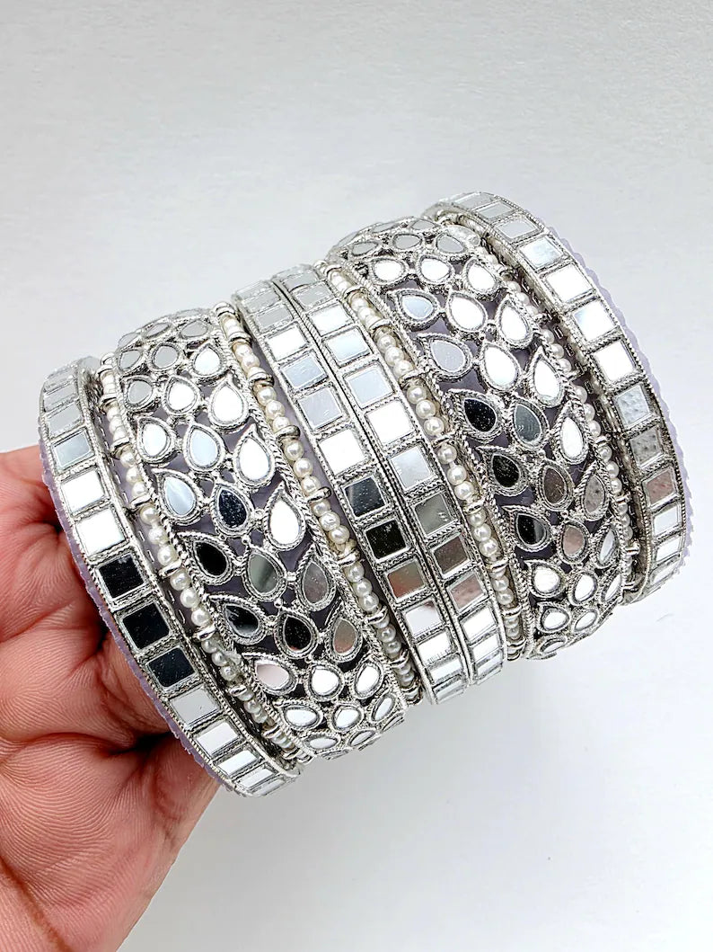 Bollywood Silver Mirror Pearl Bangles Set/Punjabi Mirror chuda bangles set/Bridal bangles/Statement bangles/Indian Wedding /Chuda Set 6pcs