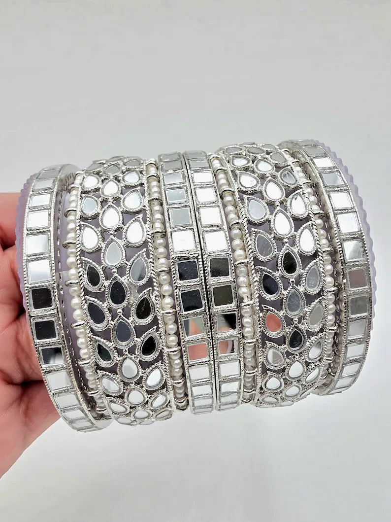 Bollywood Silver Mirror Pearl Bangles Set/Punjabi Mirror chuda bangles set/Bridal bangles/Statement bangles/Indian Wedding /Chuda Set 6pcs