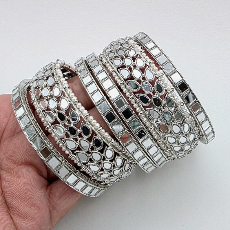 Bollywood Silver Mirror Pearl Bangles Set/Punjabi Mirror chuda bangles set/Bridal bangles/Statement bangles/Indian Wedding /Chuda Set 6pcs