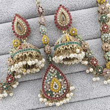 Navratan Antique polki Kundan bahubali Earrings Set with kaan chain, Sahara Indian Bridal Handmade Pearl Jewelry, Bollywood Bridesmaid Gifts