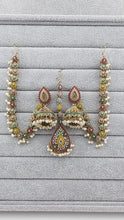 Navratan Antique polki Kundan bahubali Earrings Set with kaan chain, Sahara Indian Bridal Handmade Pearl Jewelry, Bollywood Bridesmaid Gifts