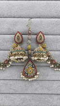 Navratan Antique polki Kundan bahubali Earrings Set with kaan chain, Sahara Indian Bridal Handmade Pearl Jewelry, Bollywood Bridesmaid Gifts