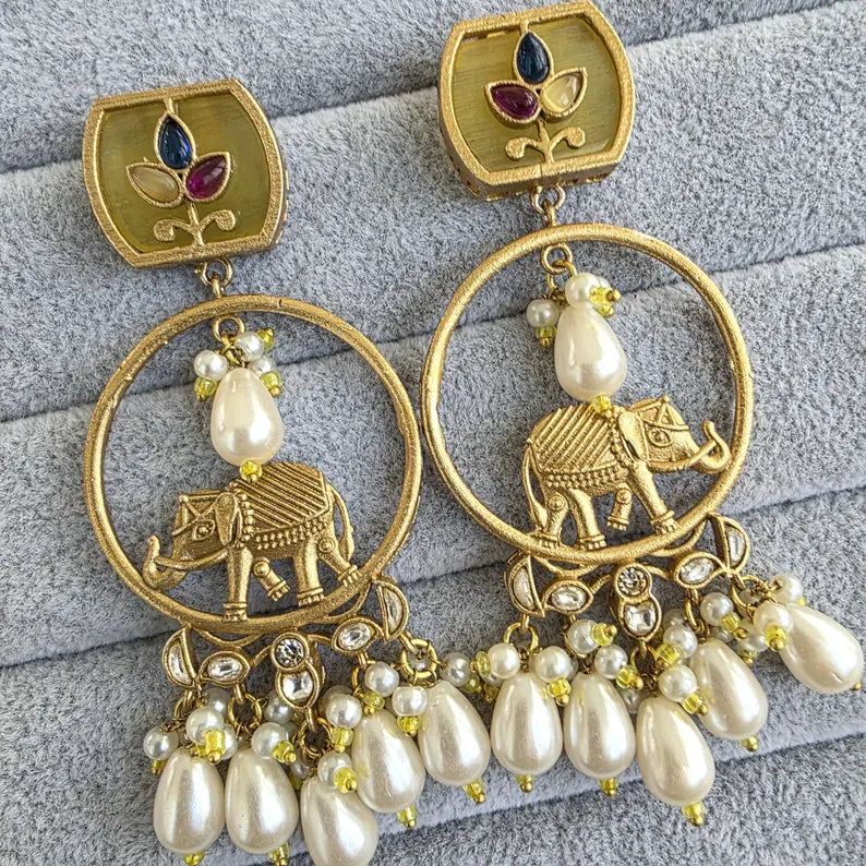 Yellow Amrapali-inspired Long Gold Heritage Elephant Chandbali Indian Earrings, Antique Chand Earring With Gold Plating, Fusion earrings