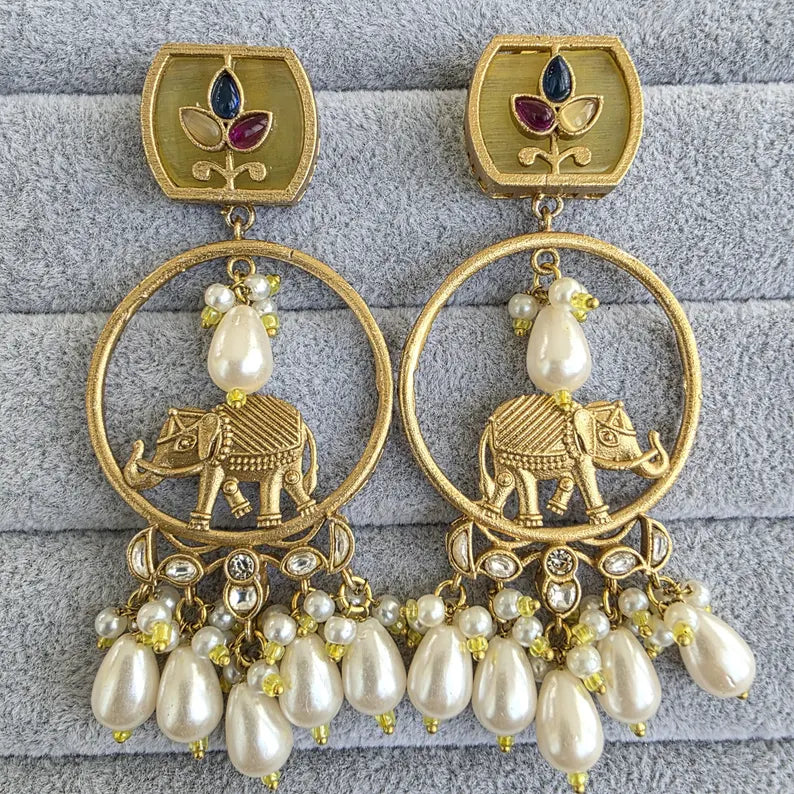 Yellow Amrapali-inspired Long Gold Heritage Elephant Chandbali Indian Earrings, Antique Chand Earring With Gold Plating, Fusion earrings