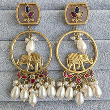 Pink Amrapali-inspired Long Gold Heritage Elephant Chandbali Indian Earrings, Antique Chand Earring With Gold Plating, Fusion earrings