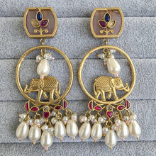 Pink Amrapali-inspired Long Gold Heritage Elephant Chandbali Indian Earrings, Antique Chand Earring With Gold Plating, Fusion earrings