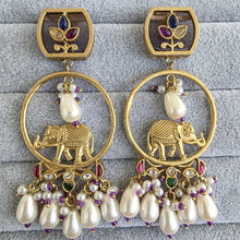 Purple Amrapali-inspired Long Gold Heritage Elephant Chandbali Indian Earrings, Antique Chand Earring With Gold Plating, Fusion earrings