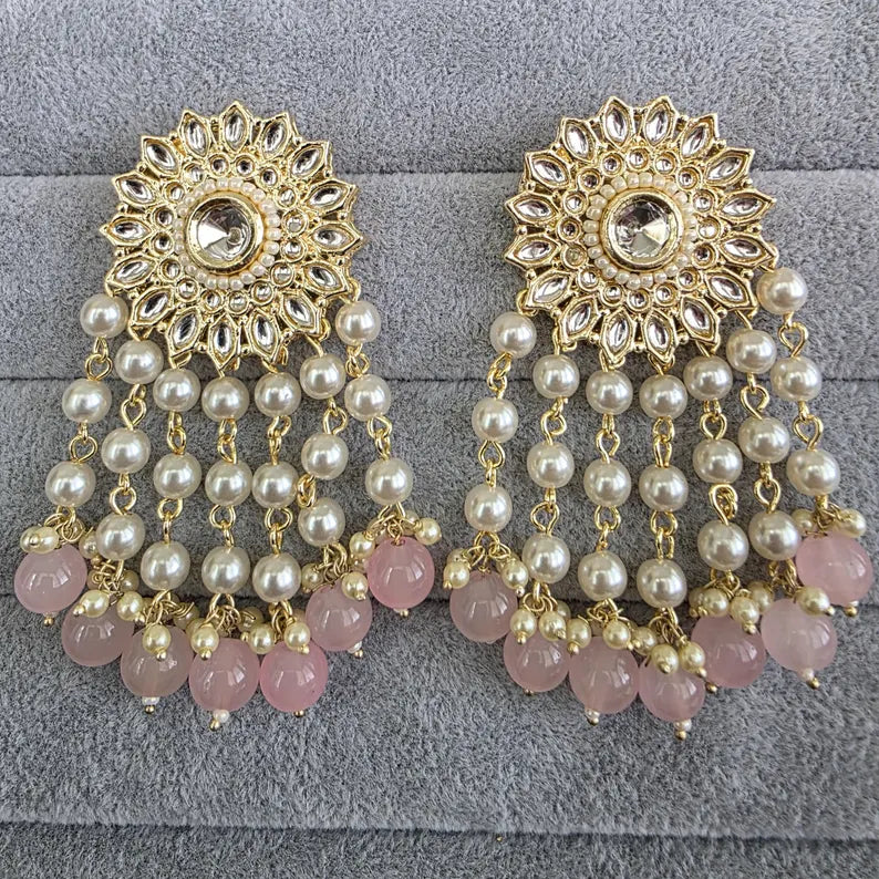Baby Pink Kundan Earrings/Indian Earrings/pearl Earring/Pakistani Earrings/Statement Earrings/Long chandelier/bridal earrings