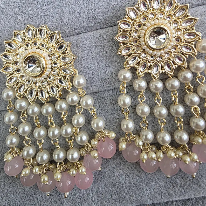 Baby Pink Kundan Earrings/Indian Earrings/pearl Earring/Pakistani Earrings/Statement Earrings/Long chandelier/bridal earrings