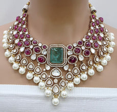 Ruby Bridal Mossinate Polki Victorian Necklace, Sabyasachi Necklace, Wedding necklace, Semi Precious Jewelry, Bollywood Celebrity Necklace
