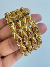 Set of 4 Ruby Green Gold Plated Bangles/Gold Bangles/Indian Bangles/Kemp stone bangles/Indian wedding/bridal jewelry/south Indian bangles