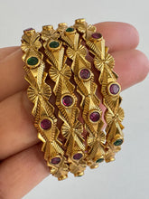 Set of 4 Ruby Green Gold Plated Bangles/Gold Bangles/Indian Bangles/Kemp stone bangles/Indian wedding/bridal jewelry/south Indian bangles