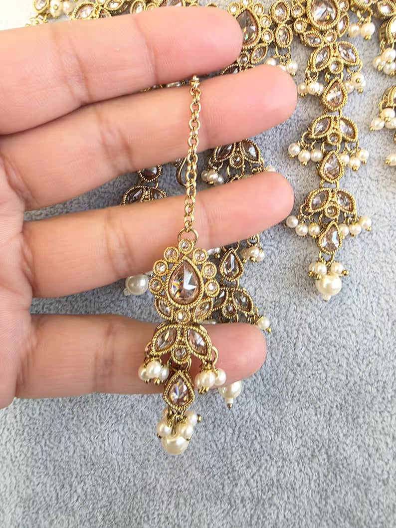 White Pearl Antique Polki Kundan Pearl Necklace with earrings and tikka, bridal necklace, Indian Pakistani Wedding Jewelry