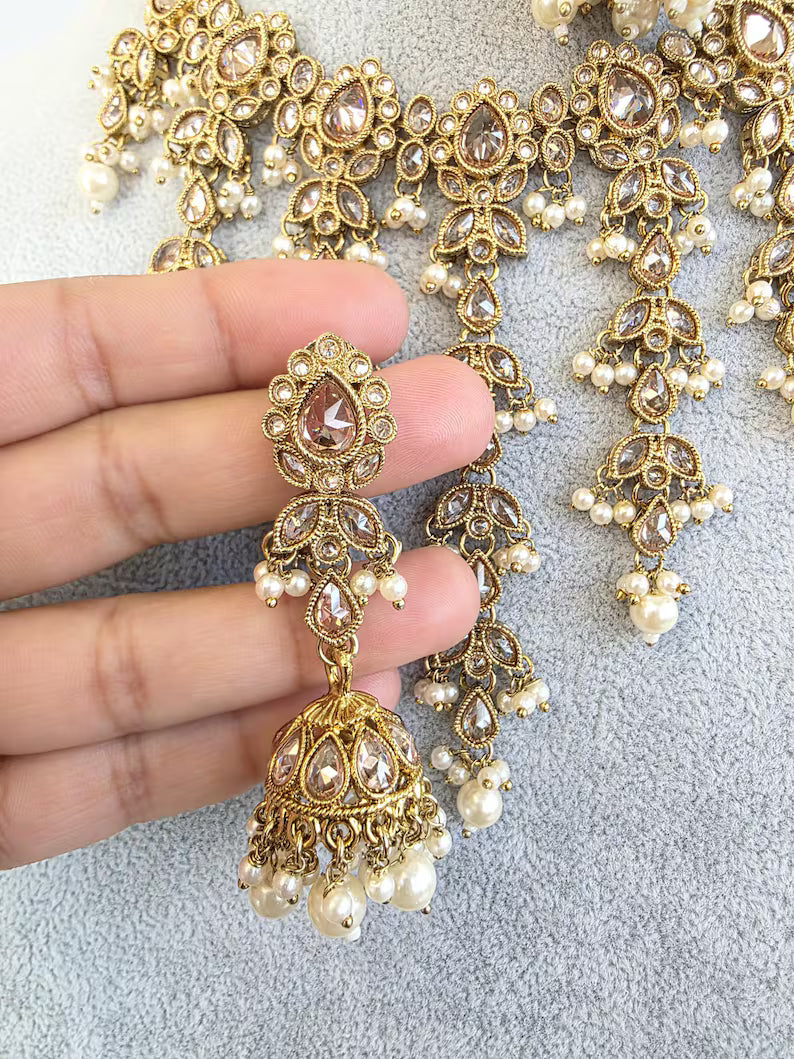 White Pearl Antique Polki Kundan Pearl Necklace with earrings and tikka, bridal necklace, Indian Pakistani Wedding Jewelry